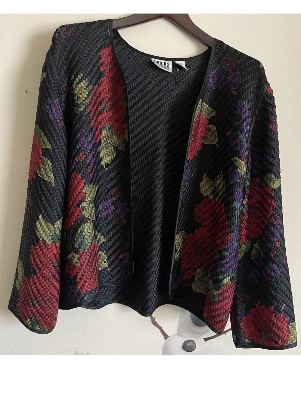 Chicos Design 1 Silk Woven Jacket Medium Open Front Black Rose Print Long Sleeve